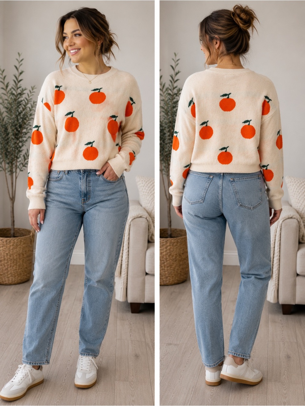 Moon & Madison Orange Print Sweater – Size Large